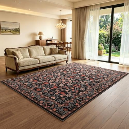 ThreadGlobe Patterned Washable 6x9 Area Rugs for Living Room, Black Brown - color: Black Brown Flower, size: 6' x 9'