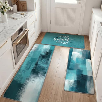 Fourluoo 3 Pcs Teal Turquoise Kitchen Rugs and Mats Set - color: Teal