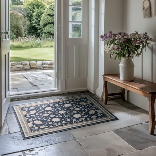 EverGrace Area Rugs for Entryway 2x3, Boho Floral Faux Wool Indoor Outdoor Small Rugs, Washable Rugs for Bedroom Bathroom Laundry Doormat, Low Pile Floor Mat Carpet for Home Decor, Navy Blue - color: Navy Blue Multi, size: 2'x3'