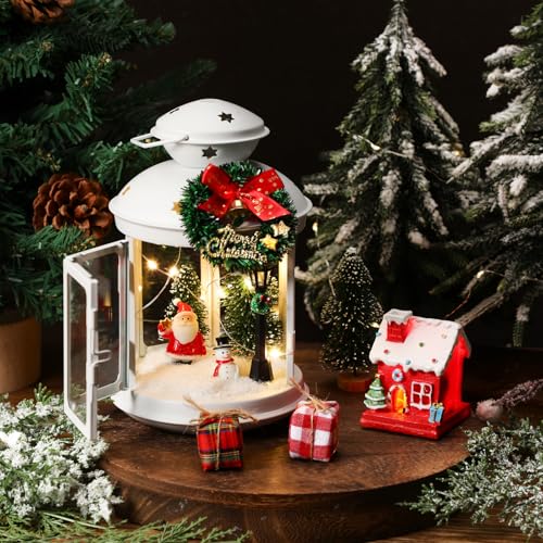 Amyhill 15 Pcs Lighted Christmas Table Figurines Centerpieces Christmas in Heaven Lantern Indoor Party Decor Fake Snow Resin Santa Claus Mini Xmas Tree Gingerbread House Wreath DIY Table Decor Gifts