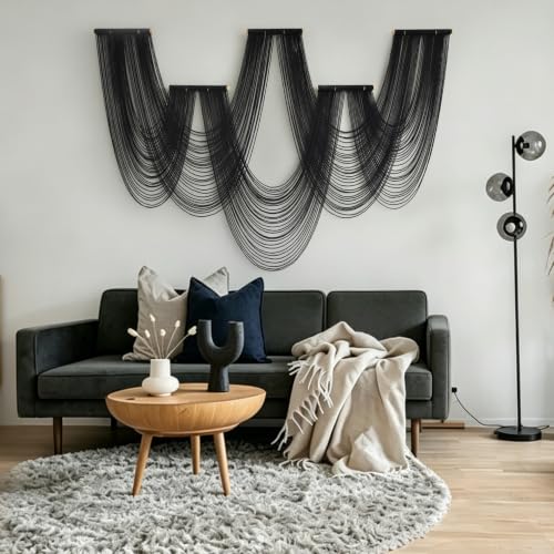 Black Macrame Wall Hanging 5 Panel Boho Wall Decor Fiber Art 68"W *46"L - color: Black