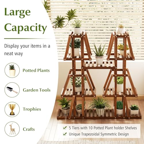 GIANTEX Plant Stand Indoor, 5-Tier Wooden Trapezoid Plant Holder Rack for Multiple Plants, Carbonized Pine Wood, Indoor Outdoor Flowerpot Holder Display Shelf for Living Room Balcony Patio Porch