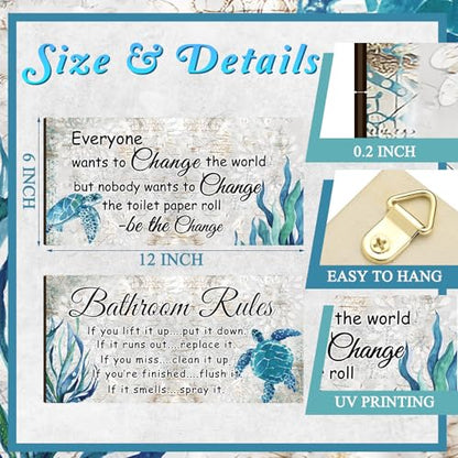 Jetec 2 Pcs Turtle Bathroom Wall Decor Wooden Sign 12 x 6 Inch Sea Turtle - style: Sea Turtles Style