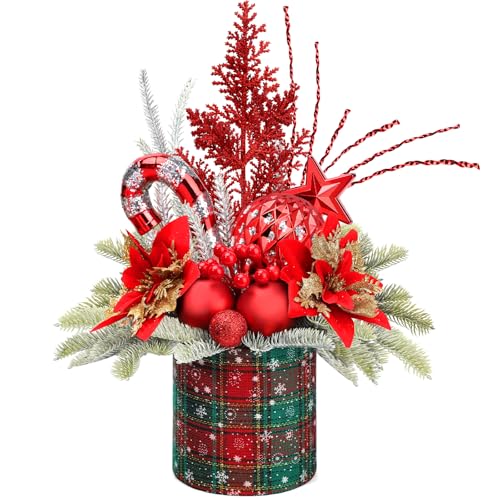 Small Christmas Tree Tabletop Artificial Mini Christmas Tree Decorations with Holiday Ornaments Red Berry Pine Cone Greenery for Home Indoor Fireplace Mantel Xmas Decor (Large-Round-Red) - color: Large-round-red