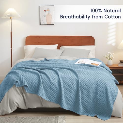 PHF 100% Cotton Waffle Blanket Lightweight Breathable, Twin Size Dusty Blue - color: Dusty Blue, size: Twin(66" x 90")