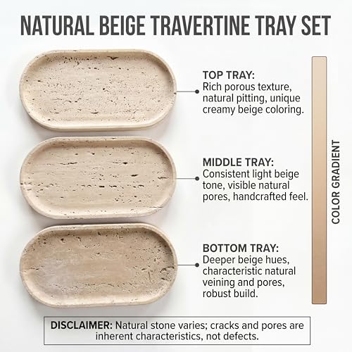 YKAJO Natural Travertine Beige Oval Marble Tray, 11.8x5.9 Vanity Organizer - color: Natural Travertine Beige, size: 11.8" x 5.9" x 0.6"