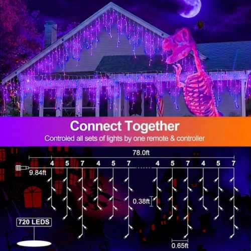 FLVOECN 720 LED 65FT Purple Halloween Ice Lights, Plug in Timer 8 Modes - color: Champagne