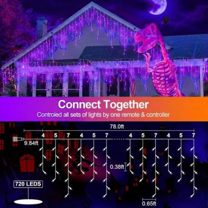 FLVOECN 720 LED 65FT Purple Halloween Ice Lights, Plug in Timer 8 Modes - color: Champagne