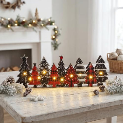 Yousoontic Christmas Table Decorations Rustic Lighted Wooden Centerpiece - style: Red Pine Tree