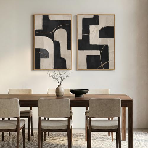 Large Framed Neutral Black and Beige Abstract Wall Art Set of 2, 24x36 In - color: Black and Beige Block, size: 24" W x 36" H x 2Pcs