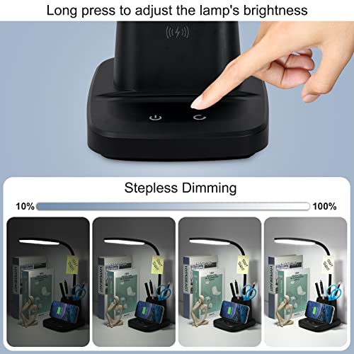 LED Desk Lamp with 10W Wireless Charging & Pen Holder, Black - color: Black