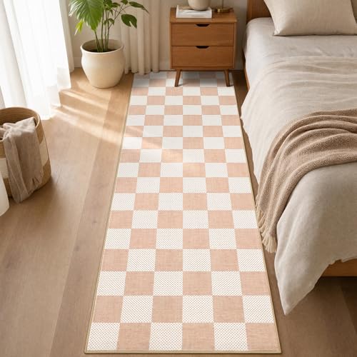 GarveeHome Checkered Blush Beige 2x6 Washable Low-Pile Kitchen Runner Rug - color: Blush Beige, size: 2' x 6' (Rectangular)
