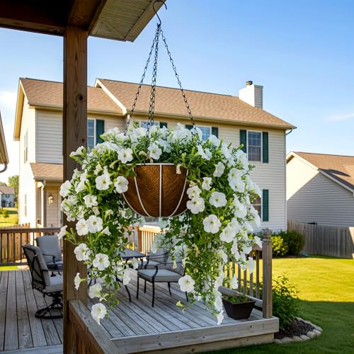 HOSY 2-Pack 12-in Hanging Metal Planter Baskets with Coconut Fibre Liner - color: Stripes - White