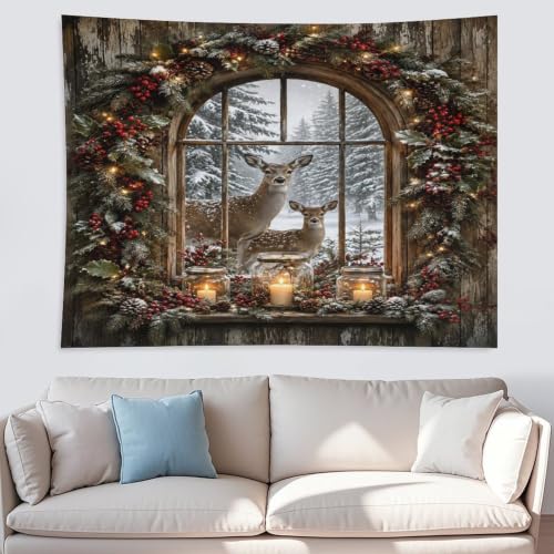Bgdfhk Christmas Deer Window Scene Decorative Wall Tapestry 60"x80", Soft Polyester Lightweight Tapestry Blanket for Bedroom Living Room Dorm Apartment Home Decor - color: Christmas Deer Window Scene, size: 80"L x 60"W