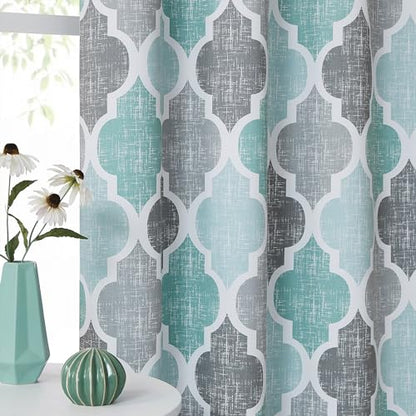 Beauoop Moroccan 100% Blackout Curtains Bedroom Aqua Grey 50x96 2 Panels - color: Rod Pocket | Aqua and Grey, size: 50"W x 96"L (Pack of 2)