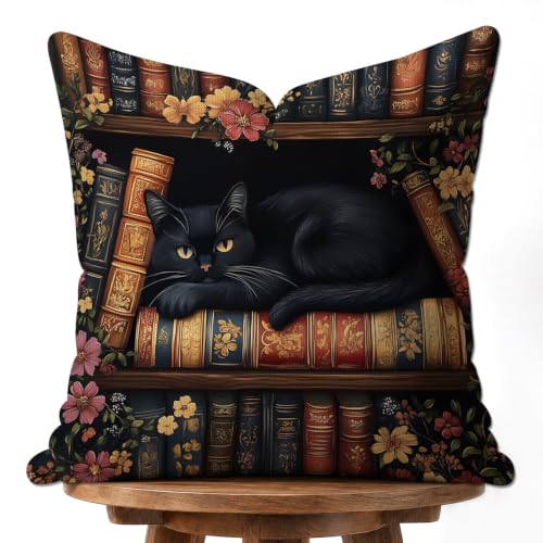 OUZ Vintage Book Cat Whimsical Throw Pillow Cover,Decorative Pillowcase - color: Brown-cat01