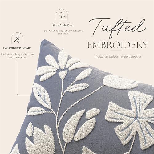 BlissBlush Decorative Lumbar Pillow Cover 12x20, Coastal Dusty Blue Accent Velvet Throw Pillowcase for Couch Sofa Living Room, Floral Tufted Rectangular Cushion, Cover Only - color: Dusty Blue, size: 20" x 12" (Pack of 1)