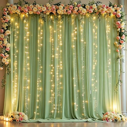 10 x 10 Sage Green Backdrop Curtain with Lights String for Party - color: Sage Green, size: W5' x H10'(2 panels)