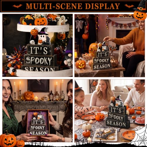 Moucuny 4 Pcs Halloween Table Decor Pumpkin Ghost Wood Stacked Block Decor - style: Spooky