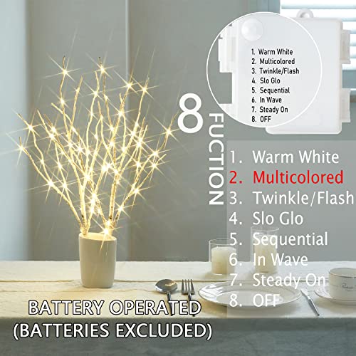 Fudios Lighted Birch Branches with 70 Multicolor LED Fairy Lights 18in Battery Operated, Lit White Twig Branches Color Changing Lights for Christmas Party Decoration - color: White Branches with Warm White and Colorful Lights (No Timer)