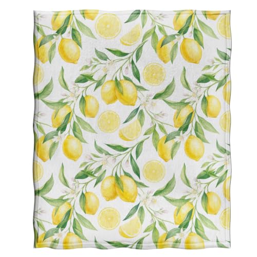 Jekeno Lemon Floral Throw Blanket 50"x60" White, Yellow Green Leaves - color: White Yellow, size: 50"x60"