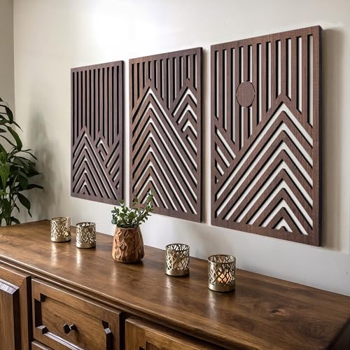 qmmp Modern Wooden Wall Sculptures - Set of 3 - Home Decor Accent - Large Wall Art for Living Room, Bedroom, Office - Easy Installation (Walnut, Large - Mountain and Sun, Unframed) - color: Walnut, size: Large - Mountain and Sun