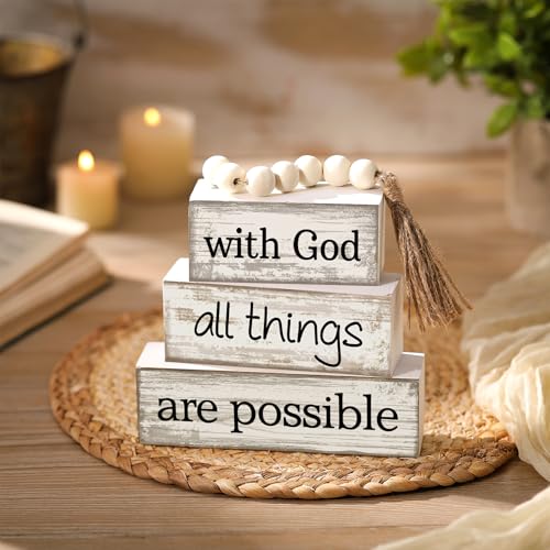 Yuntau 4 Pcs Farmhouse Christian Table Decor with Beads Tassel Block Sign - style: Farmhouse