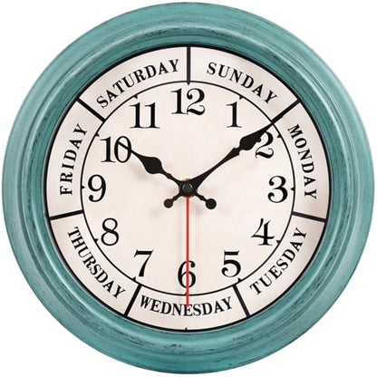 zyzamay 12 Inch Retro Wall Clock,Classic Day of The Week Wall Clock,Easy to Read,Non-Ticking Round Classic(Green) - color: 12 Week Green