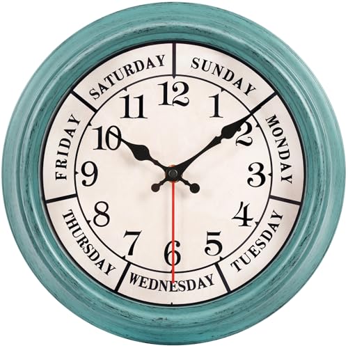 zyzamay 12 Inch Retro Wall Clock,Classic Day of The Week Wall Clock,Easy to Read,Non-Ticking Round Classic(Green) - color: 12 Week Green