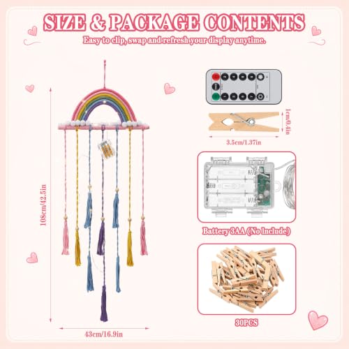 Rainbow Macrame Wall Decor Hanging Photo Display with Light Tassel
