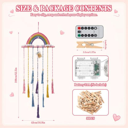 Rainbow Macrame Wall Decor Hanging Photo Display with Light Tassel