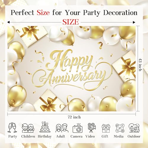 Happy Anniversary Backdrop Banner White Gold Elegant Photography Background for Wedding Couples Party Decor 72x43 Inch