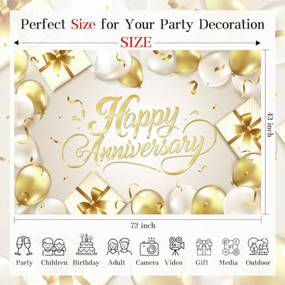 Happy Anniversary Backdrop Banner White Gold Elegant Photography Background for Wedding Couples Party Decor 72x43 Inch