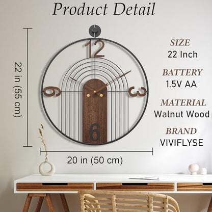 Modern Large Walnut Dial Wall Clock, Wood Metal Frame Silent Non Ticking Wall Clocks Decoration for Living Room, Bedroom, Kitchen, Study, Handmade Home Decor Present Idea, 22 Inch - size: 1.Large(22 in)