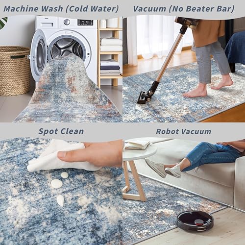 2x6 Non-Slip Washable Kitchen Runner Rug – Modern Abstract Carpet Runner for Hallway Bedroom Bathroom Laundry Room Entryway – Low-Pile Thin Rubber Backed（Blue Rust,2x6） - color: Blue Rust, size: 2' x 6' (Rectangular)