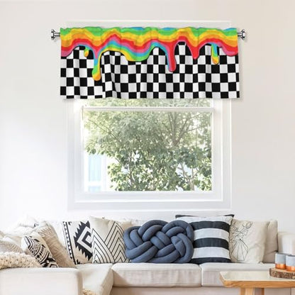Rainbow Checkerboard Curtain Valance Short Rod Pocket Window Treatment for Living Room Bedroom Kitchen Bathroom 1 Panel 54" W x 18" L - color: Rainbow Checkerboard