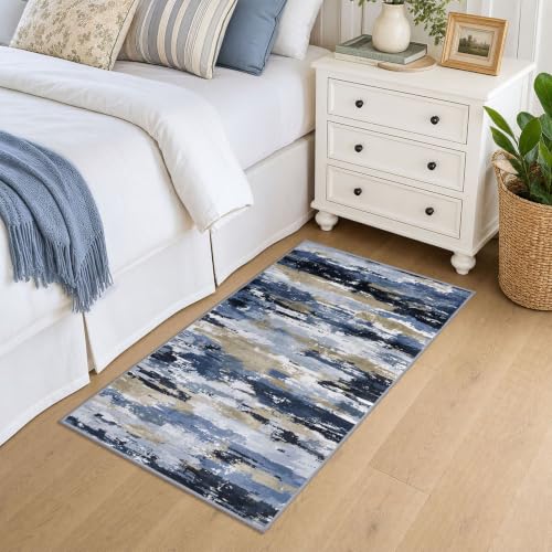 Abstract 2x4 Rug Washable Entryway Runner Non Slip Kitchen Runner | Navy Blue Multi;Thin Printed Faux Wool Entrway Runner;4ft Carpet Runners;Non Skid Runners for Bedroom,Hallway,Laundry Room - color: Navy / Blue / Taupe, size: 2' x 4' (Runner)