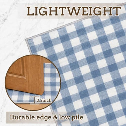Dunzy 2 Pcs Blue Gingham Kitchen Mats Cute Farmhouse Plaid Runners Non-Slip - color: Blue