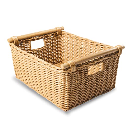 The Basket Lady Pole Handle Wicker Storage Basket, M, Sandstone - color: Sandstone, size: Medium