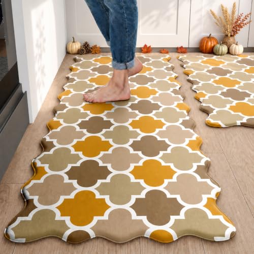 Arenarug Scalloped Trellis Kitchen Mats for Floor, Mustard Kitchen Rugs - color: Ochre Gold, size: 17.3"x30"+17.3"x59"