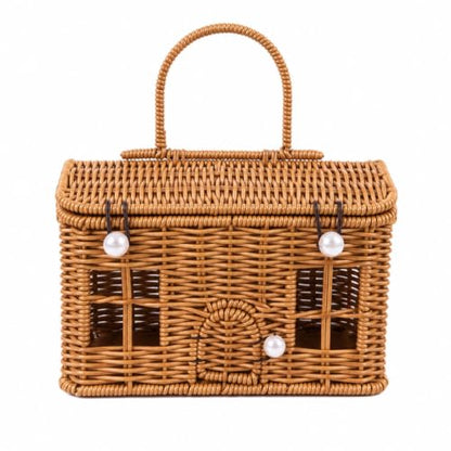 Rattan House Shape Storage Basket with Lid, Small Doll House, Decorative Hand Woven Shelf Organizer with Handle, Natural Harvest Wicker Basket for Picnics, Organizing, Storage (B, 1) - style: B
