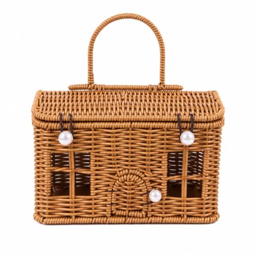 Rattan House Shape Storage Basket with Lid, Small Doll House, Decorative Hand Woven Shelf Organizer with Handle, Natural Harvest Wicker Basket for Picnics, Organizing, Storage (B, 1) - style: B