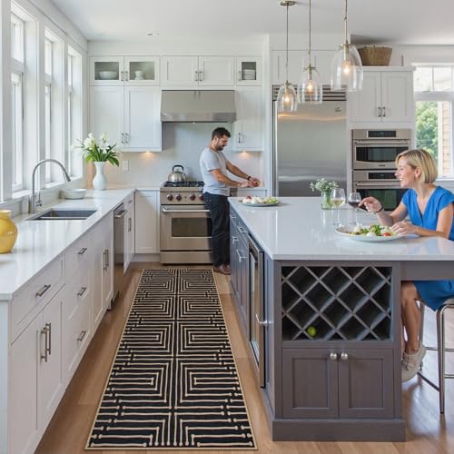 Lahome Maze Lines Washable Kitchen Runner Rug, 2x8 Black Outdoor Runner Rug - color: Black Geometric, size: 2'6" x 8' (Runner)