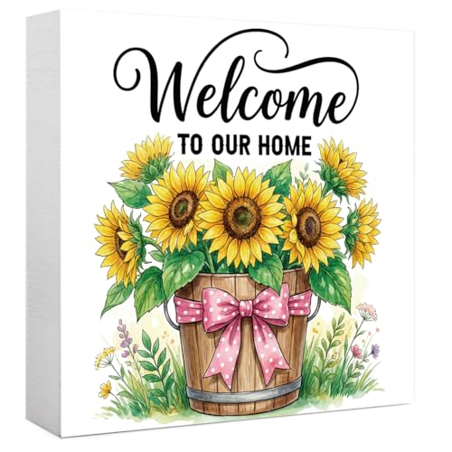Welcome Sign Sunflowers Spring Wooden Box Sign, Spring Decorations for Home Office Bathroom Kitchen Rustic Wood Block Signs for Desk Shelf Table Decor - color: Welcome to our home