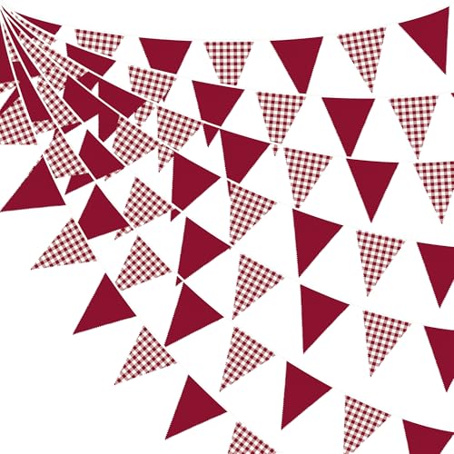 32Ft Burgundy Party Decorations Burgundy Gingham Plaid Checkered Triangle Flag Pennant Fabric Garland Streamers for Graduation Wedding Birthday Picnic Outdoor Home Maroon Party Decor Supplies - color: Burgundy