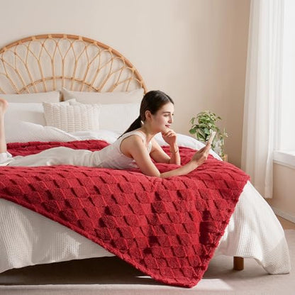 Red Fleece Throw Blanket for Couch Sofa 50”x60” with Diamond Checkered - color: Red, size: Throw(50"x60")