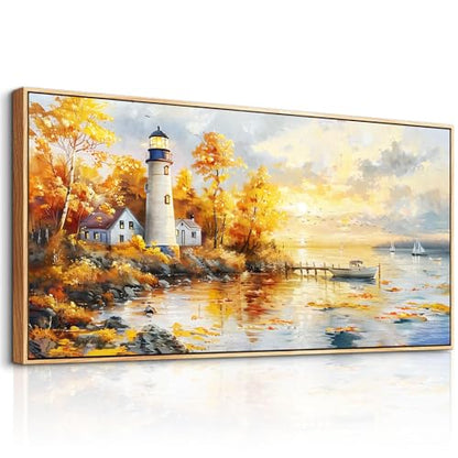 Large Framed Sunset Beach Canvas Wall Art Boat Lighthouse Seascape Painting - color: Lighthouse Painting Wood Framed, size: 48"L x 24"W