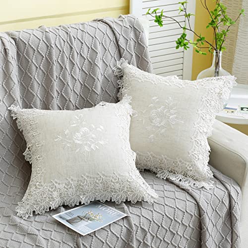 Embroidered Floral Throw Pillow Covers 18”x18“, White Rose - color: White Rose