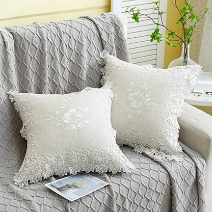 Embroidered Floral Throw Pillow Covers 18”x18“, White Rose - color: White Rose