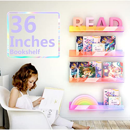 2 Pack RORKIM 36 Inch Iridescent Acrylic Floating Shelf, Kids Bookshelf - color: 36in-iridescent